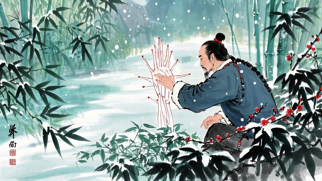 水墨风中医、国风，清朝、古代、经络能量、中医、在山里采中药、复古、冬天的元素，.jpeg
